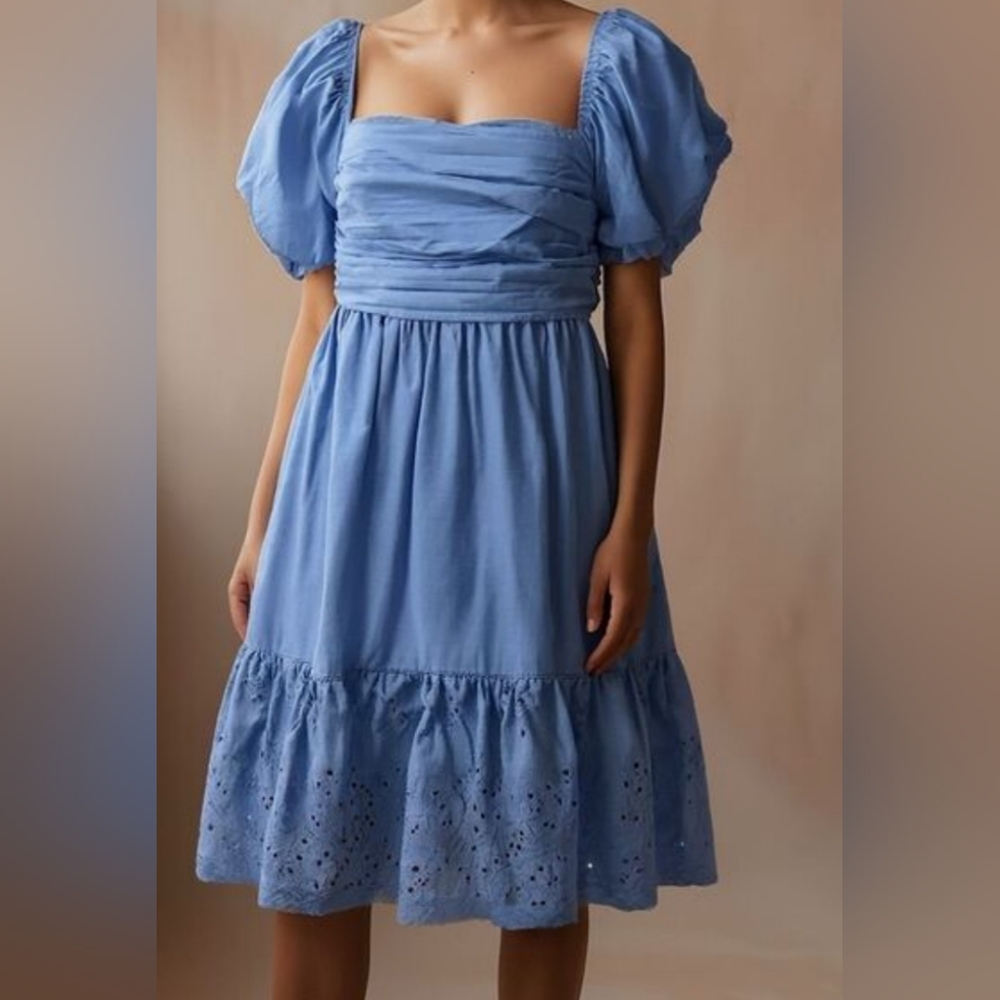 Anthropologie En Saison Juliet Eyelet Puff-Sleeve Minidress Medium Square Neck